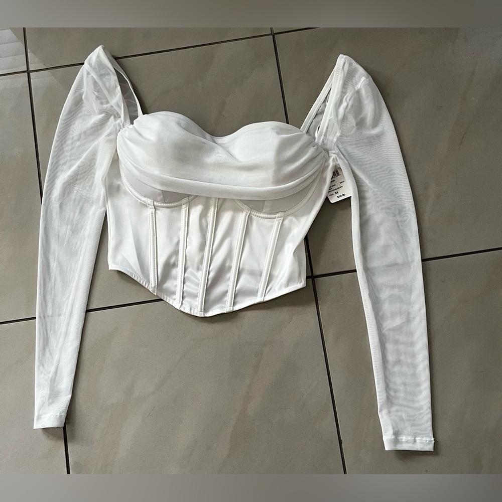 Windsor White Corset Crop Top With Sheer Long Sleeves Off Shoulder.
